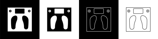 设置浴室秤图标孤立的黑色和白色背景。体重测量设备。体重秤健身运动概念。矢量图图片下载