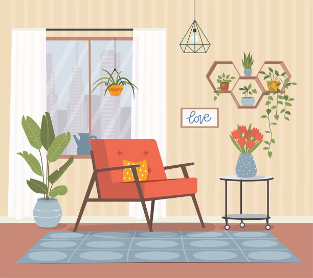 舒适的椅子，窗户和室内植物。矢量平面样式插图图片下载