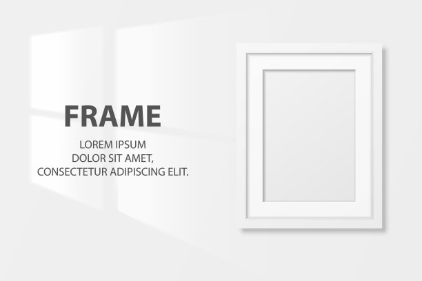 矢量3d现实白色A4木制简单的现代框架图标特写孤立的白色墙壁背景与窗光。它可以用于演示。设计模板，模型，前视图图片下载