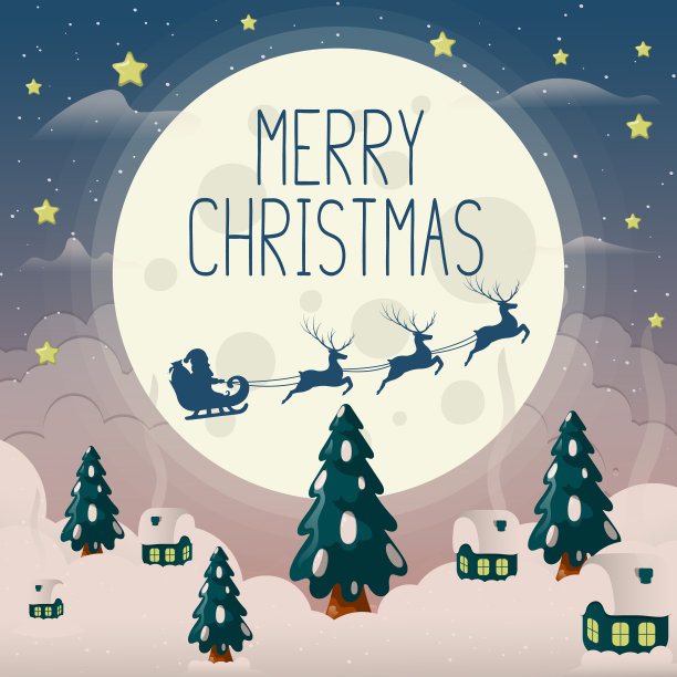 圣诞卡片模板与复古冷杉树，星星，月亮，云彩和圣诞老人与驯鹿的剪影。病媒隔离边境与雪林村。庆祝诺埃尔的节日横幅。图片下载