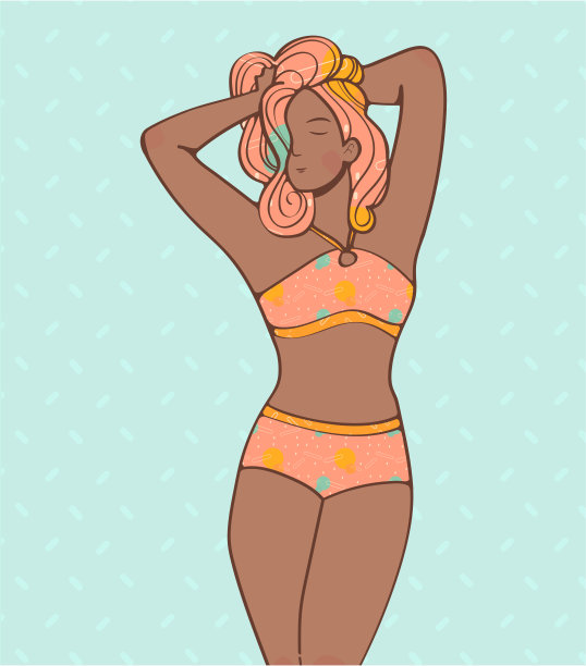 迷人的时尚模特与棕色皮肤和粉红色的头发在可爱的泳衣图案图片下载