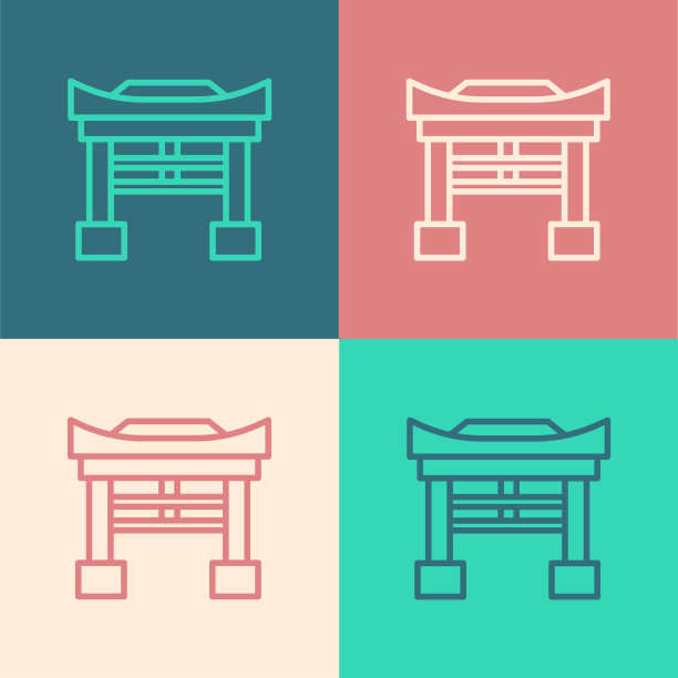 波普艺术线日本门图标孤立的颜色背景。鸟居的迹象。日本传统古典大门符号。矢量图图片下载