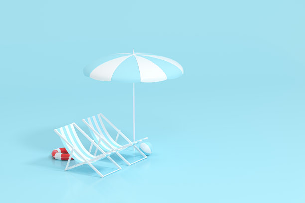 遮阳伞，蓝色背景沙滩椅，3d渲染。图片下载
