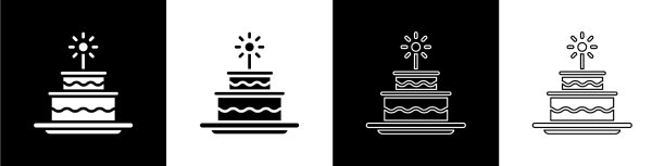 设置蛋糕与燃烧的蜡烛图标隔离图片下载