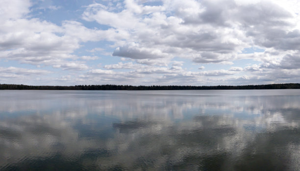 湖泊和多云的天空。春天全景景观图片下载