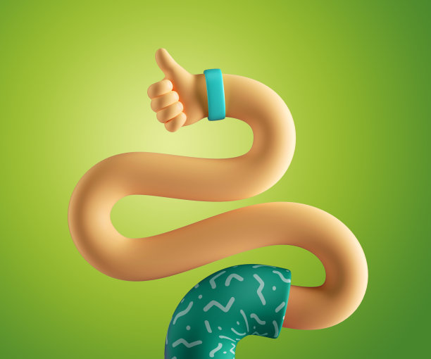 3d渲染，抽象卡通人物灵活无骨手，身体部分，有趣的喜欢概念，拇指向上的手势，孤立在紫罗兰背景。超现实主义的剪贴画图片下载