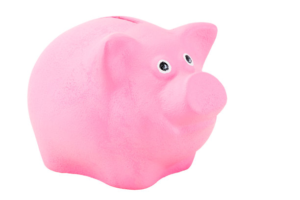 小猪存钱罐为硬币粉红猪近距离上的白色背景是绝缘的图片下载
