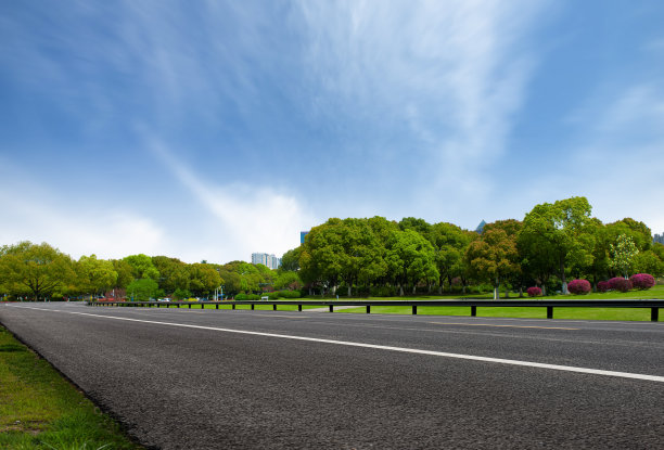 黑色柏油路前密林下的城市公园晴空万里图片下载