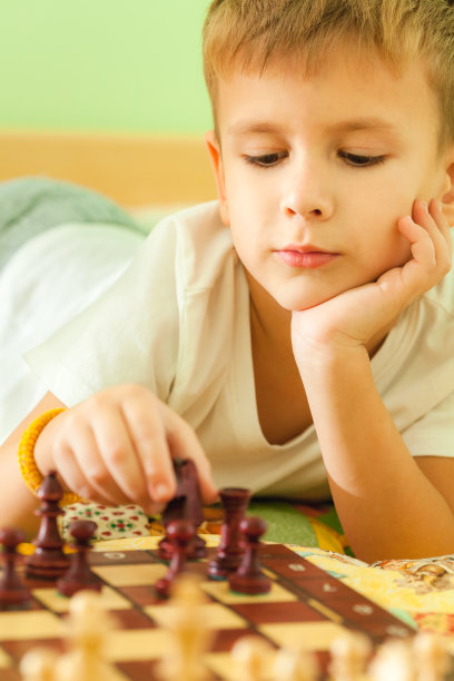 小男孩玩奶酪。棋盘上的数字。国际象棋的游戏。图片下载