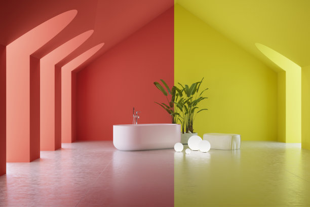 展示黄色和红色的浴室图片下载