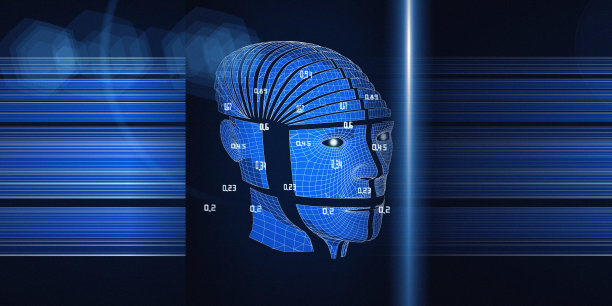 基于线框人形机器人的抽象背景三维渲染。大数据。未来分析人工智能数据概念。多边形机器人模糊的线条和技术和科学旗帜的效果透镜。图片下载