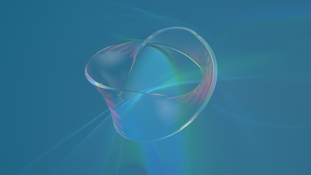 玻璃形状的3d渲染与现实焦散在蓝色背景。光的折射效果。图片下载