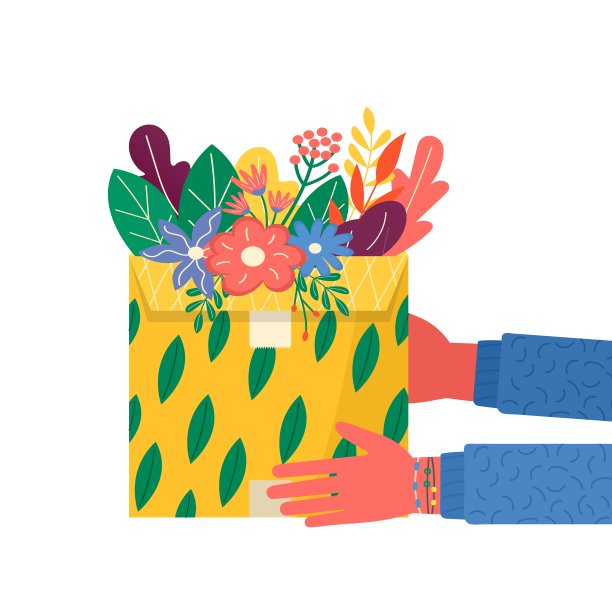 概念纸盒包装与花和胶带交付图标。邮政包裹，包裹，盒子。快递手握包裹为在线派送服务理念。向量孤立图片下载