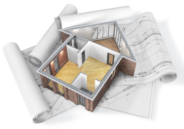 分割的空房子的形式，房子在一个白色的背景与蓝图。三维演示图片下载