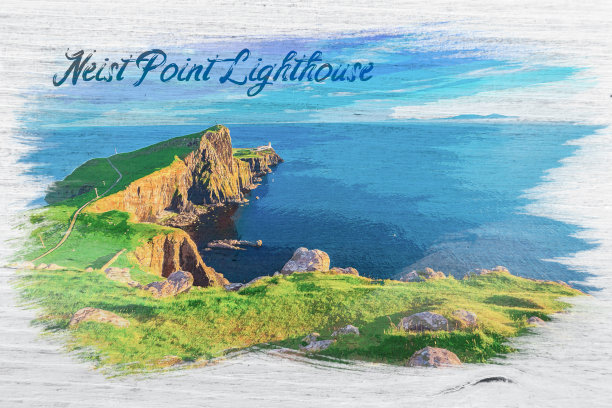 水彩画奈斯特点灯塔在斯凯岛，苏格兰图片下载