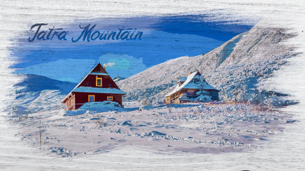 雪山中的小村舍，水彩画图片下载