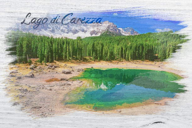 水彩画的湖卡瑞扎湖在多洛米特，意大利图片下载