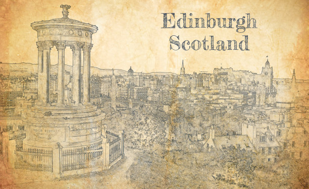 爱丁堡的卡尔顿山，旧纸上的素描图片下载