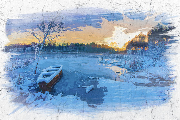 冬天的雪湖上泛舟，水彩画图片下载