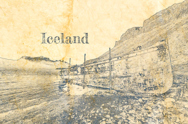 冰岛的一艘沉船，在旧纸上画的素描图片下载