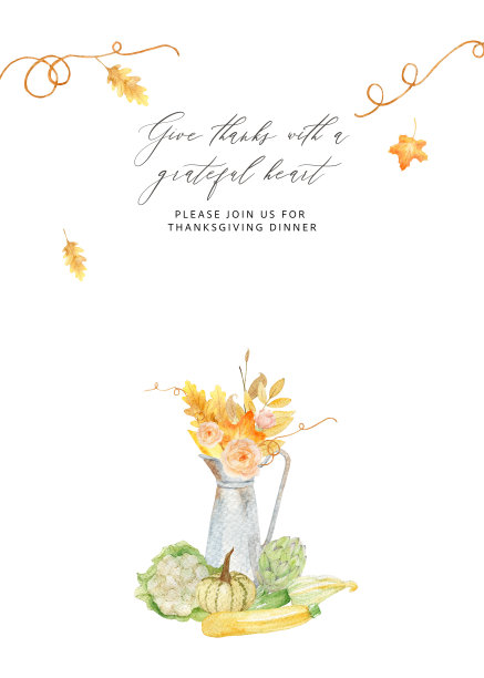 手绘季节卡片与秋天的叶子，花卉元素，老花园壶和南瓜在秋天的颜色。完美的打印，传单，横幅，邀请，促销和更多。水彩插图。图片下载