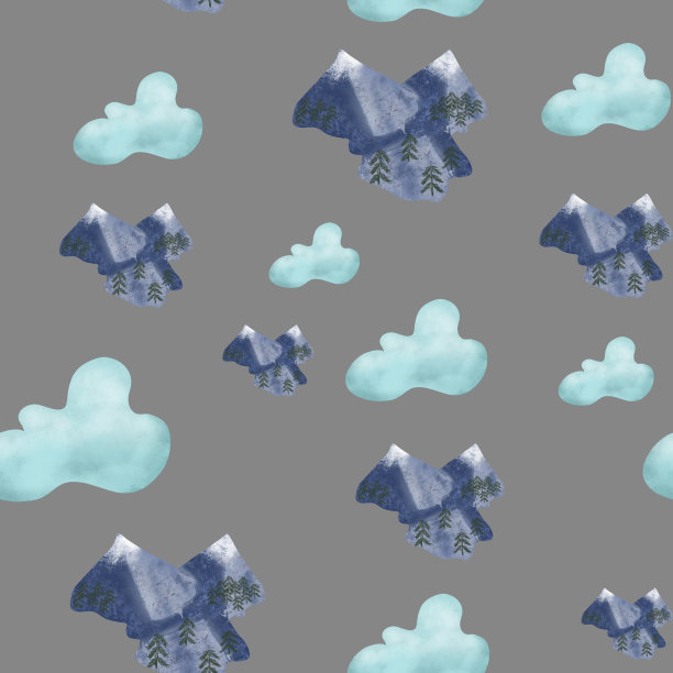 蓝天和雪山与松树在灰色的背景。无缝模式。旅行，旅游，飞行，运动，冒险，孩子打印。包装、墙纸、纺织品、面料设计图片下载