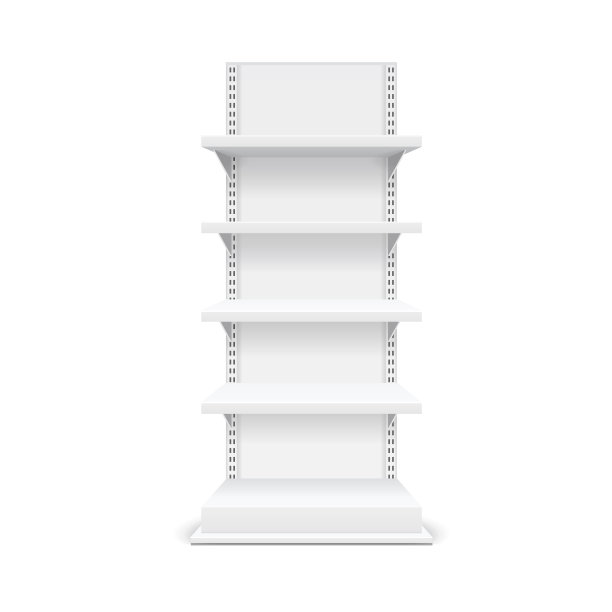 逼真详细的3d白色空白商店货架模板模型。向量图片下载