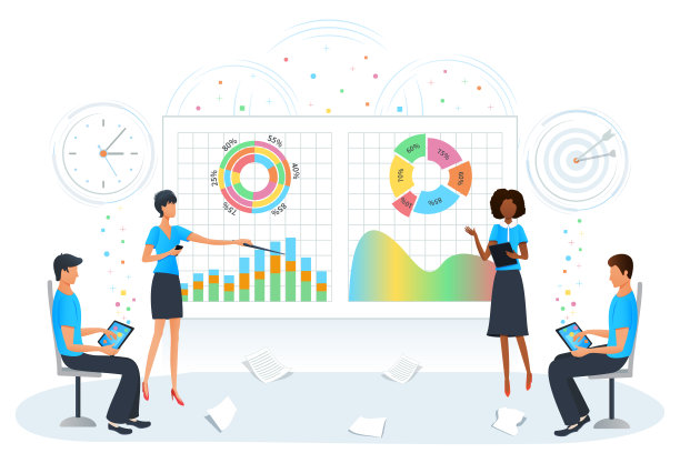 业务团队制作大数据图表报表分析演示。市场营销研究。车间培训。商业女性分析利润增长图。项目管理图片下载