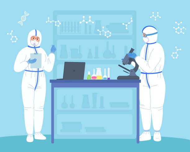 实验室里的科学家穿着显微镜防护服，戴着面罩素材图片