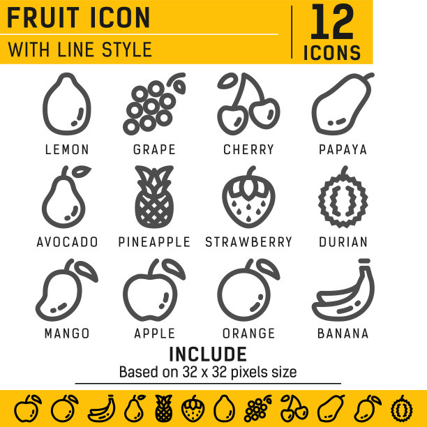 水果图标设置与线条风格在孤立的白色背景。水果矢量图标集，樱桃，苹果，草莓，香蕉等具有轮廓风格。包括基于64x64像素的大小图片下载