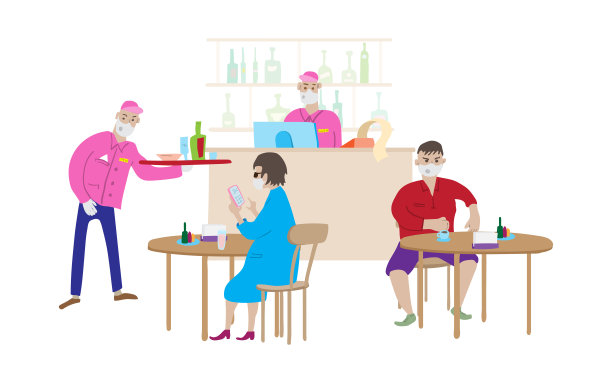 在冠状病毒大流行期间重新开放咖啡馆。卡通场景在咖啡馆，酒保，服务员和游客在医疗面具。桌子，椅子和一个吧台和饮料。矢量插图。图片下载