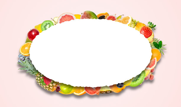 许多不同的异国情调的热带明亮的水果与阴影在粉红色的背景和一个孤立的白色椭圆形与美丽的锯齿状边缘在中心文本的创意照片。明亮的夏天模式。图片下载