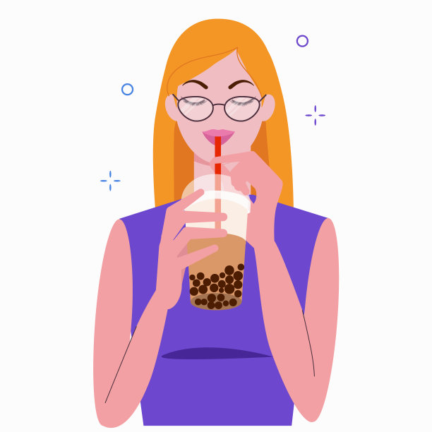 年轻女子喝着珍珠奶茶。台湾流行和著名的饮料珍珠与木薯黑珍珠。卡通平面矢量插图。图片下载