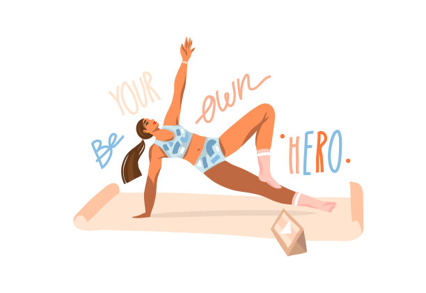 手绘矢量抽象股票图形插图与年轻快乐的女性，在垫子上做健身和观看平板电脑上隔离在白色背景上的在线培训视频图片下载