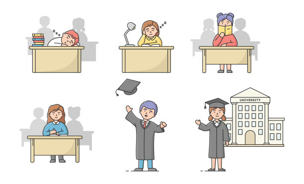 高中毕业，大学课程概念。一组学生青少年在不同的情况。男孩和女孩学习，从大学毕业。卡通线性轮廓平面矢量插图图片下载