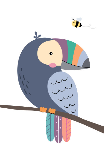 可爱的巨嘴鸟坐在树枝和飞行的蜜蜂。婴儿房的海报。用于育儿室的儿童印花。设计可用于时尚t恤、贺卡、宝宝送礼会。矢量插图。图片下载