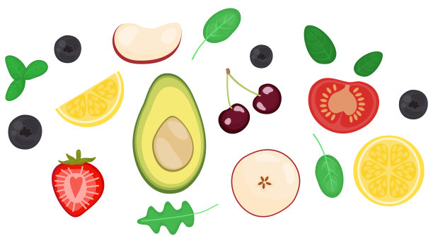 平面设计健康饮食和新鲜饮食成分概念插图装饰平面放置顶视图孤立在白色背景。草莓，柠檬，番茄，樱桃，鳄梨，苹果，蓝莓。图片下载