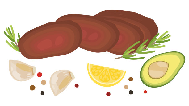 平面设计健康饮食和新鲜饮食成分概念插图装饰平面放置顶视图孤立在白色背景。半熟牛排，大蒜，柠檬，牛油果和胡椒。图片下载