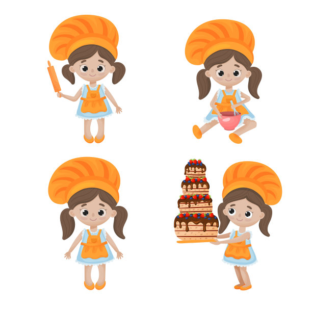 穿着围裙做甜点的女孩。卡通人物矢量插图。图片下载