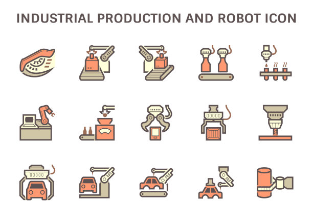 工业生产图标如机器人、生产线、包装盒等矢量图标集设计。图片下载