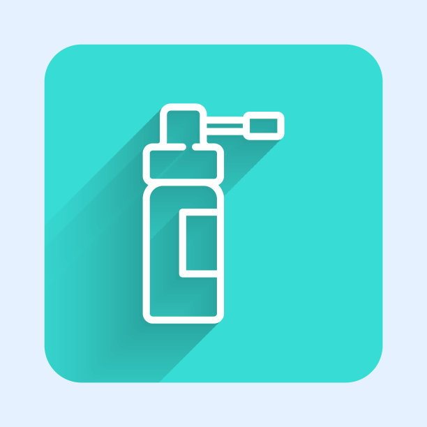 白色线带喷嘴的药瓶，用于治疗鼻咽喉疾病，图标孤立有长阴影。绿色广场按钮。矢量图图片下载