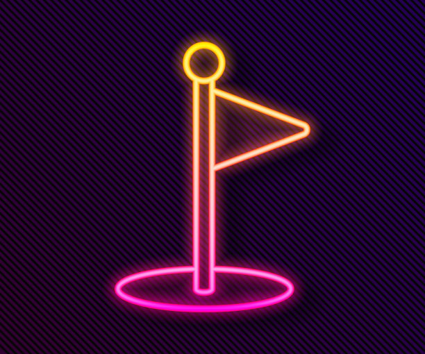 发光的霓虹灯线高尔夫旗帜图标孤立在黑色背景。高尔夫球器材或配件矢量图图片下载