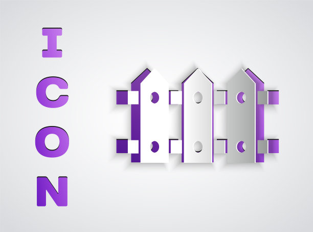 剪纸花园篱笆木制图标孤立在灰色背景。纸艺术风格。矢量图图片下载