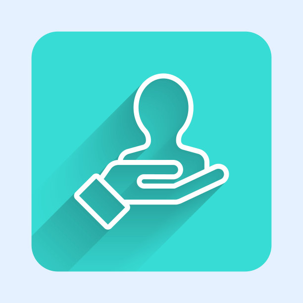 白线手搜索人图标孤立与长影子。招聘或选拔概念。寻找雇员和工作。绿色广场按钮。矢量图图片下载