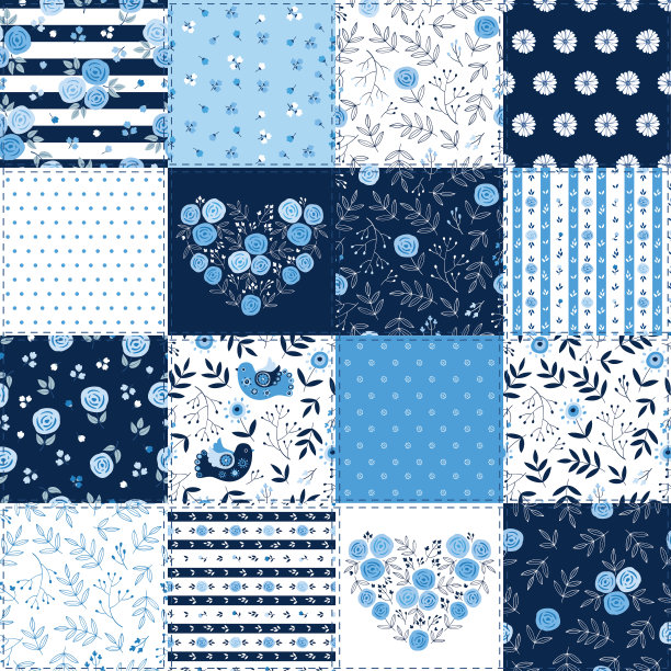 可爱的复古拼接背景与不同的花，鸟和树叶图案图片下载