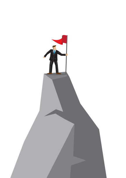 商人举着旗子爬到山顶。领导的概念，成就和企业世界的挑战。矢量插图。图片下载