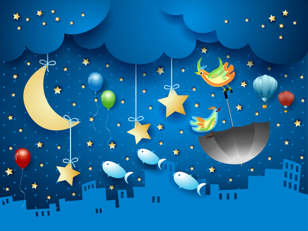 超现实的夜晚，城市的天际线，飞伞和鱼图片下载