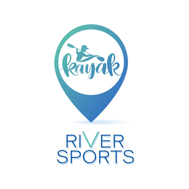 皮划艇。位置图标。河运动。路标。刻字。用铭文设计明亮的夏季会徽。图片下载
