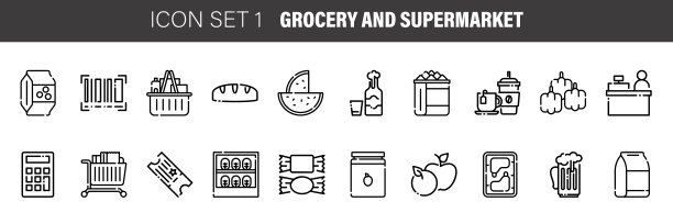 一套通用的超市符号作为食品，酿酒厂，杂货店等-图标，标志，标签，卡片和海报图片下载