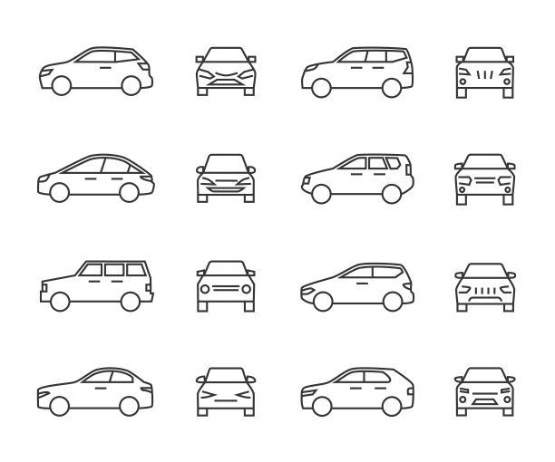 汽车正面及侧视线标志、汽车标志。车辆轮廓矢量图标孤立在白色背景上图片下载